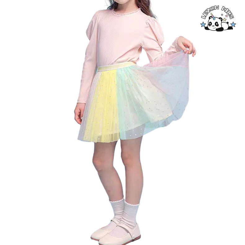 LEZONKIDS - Atacado de Novo Produto saia curta tutu de verão com estampa de lantejoulas colorida para meninas